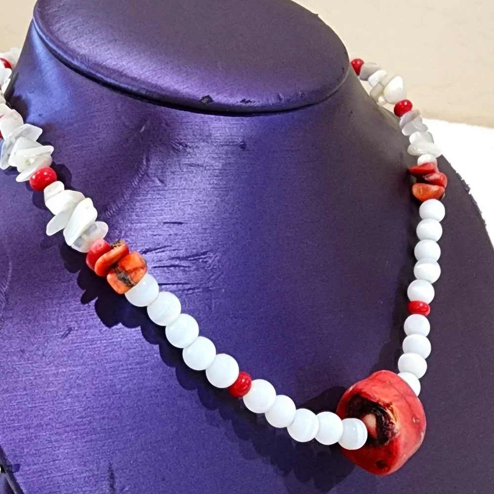 MCM White Abalone Mother of Pearl and Red Natural Stone Beaded Necklace